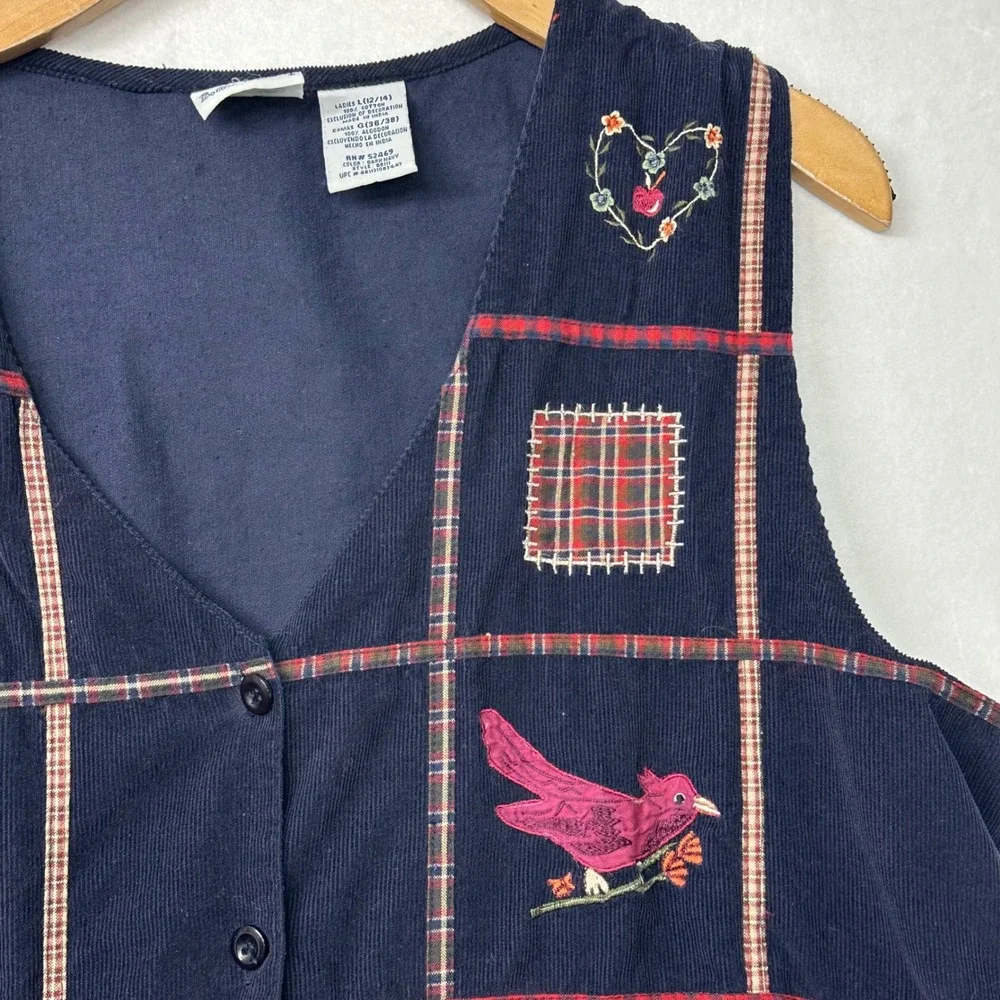 Bobbie Brooks Women's Embroidered Corduroy Vest Navy Blue Bird Heart Patchwork L